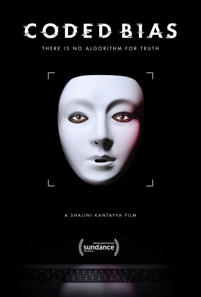 Movie poster Coded Bias, featuring a white mask on a black background
